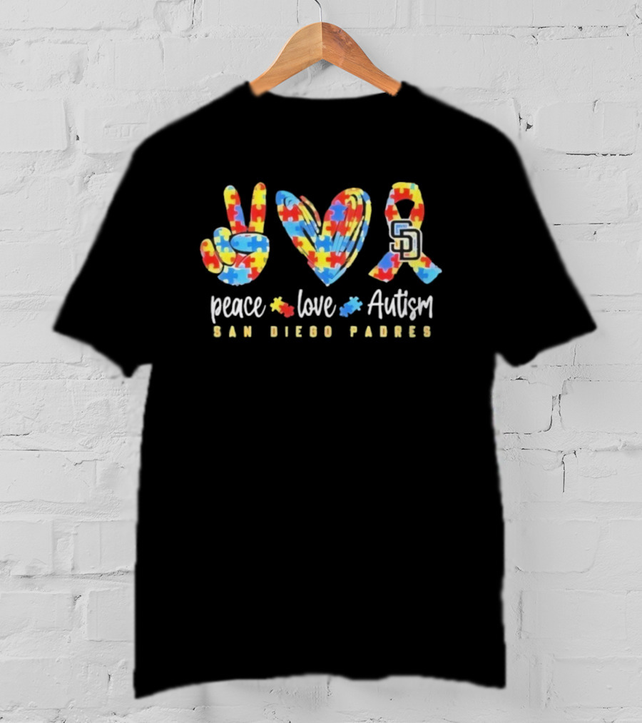 San Diego Padres Peace Love Autism Puzzle Ribbon T-Shirt