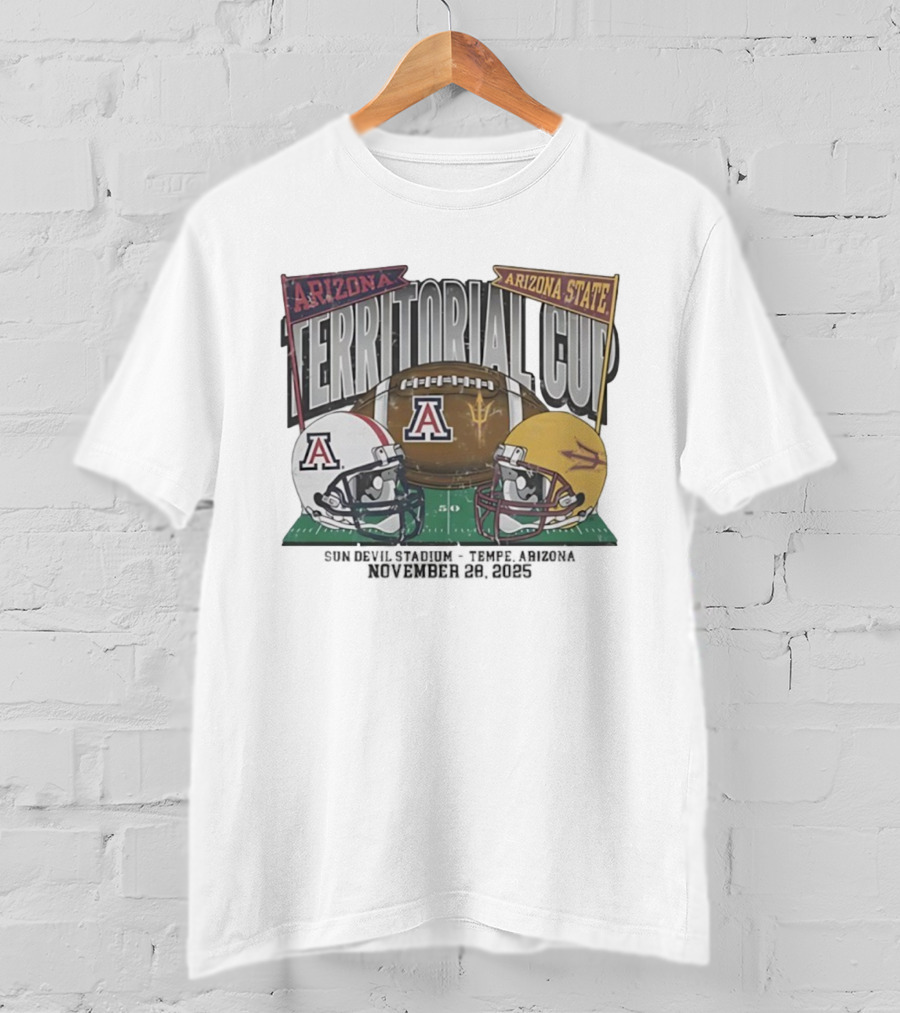 Arizona Wildcats Vs Arizona State Sun Devils Territorial Cup 2025 Tucson Arizona November 28 Football Helmets And Field Graphics T-Shirt