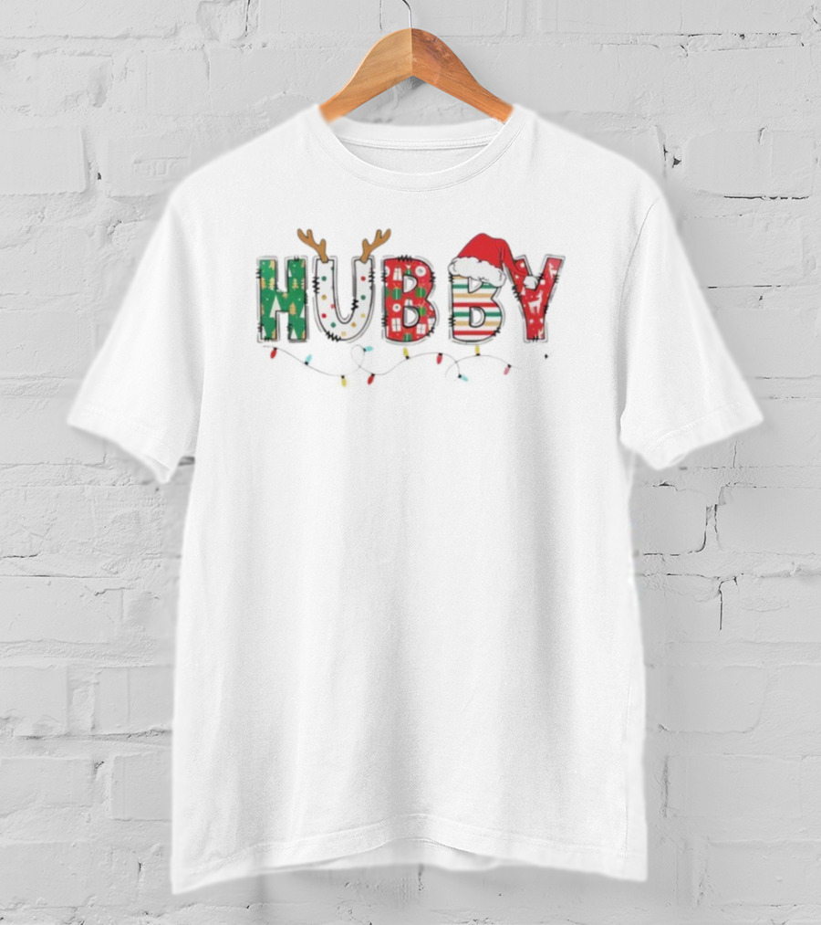 Hubby Christmas Antlers Santa Hat Lights Festive Design T-Shirt