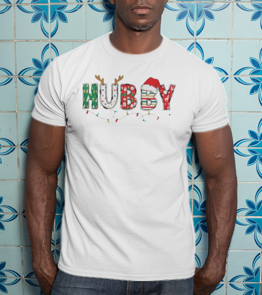 Hubby Christmas Antlers Santa Hat Lights Festive Design T-Shirt