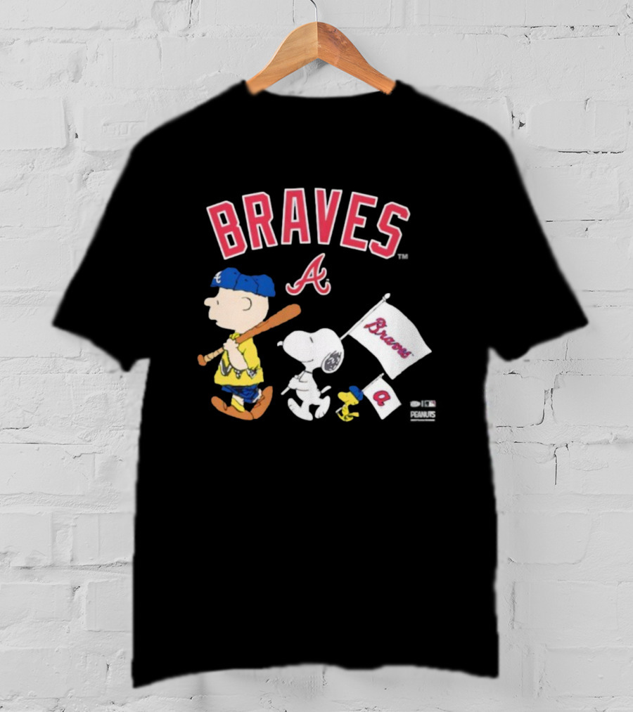 Atlanta Braves Peanuts Characters Snoopy Woodstock Charlie Brown Flag T-Shirt