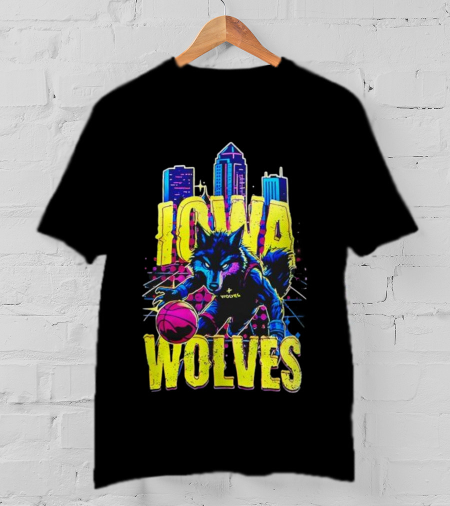 Iowa Wolves Neon Basketball Wolf Skyline T-Shirt