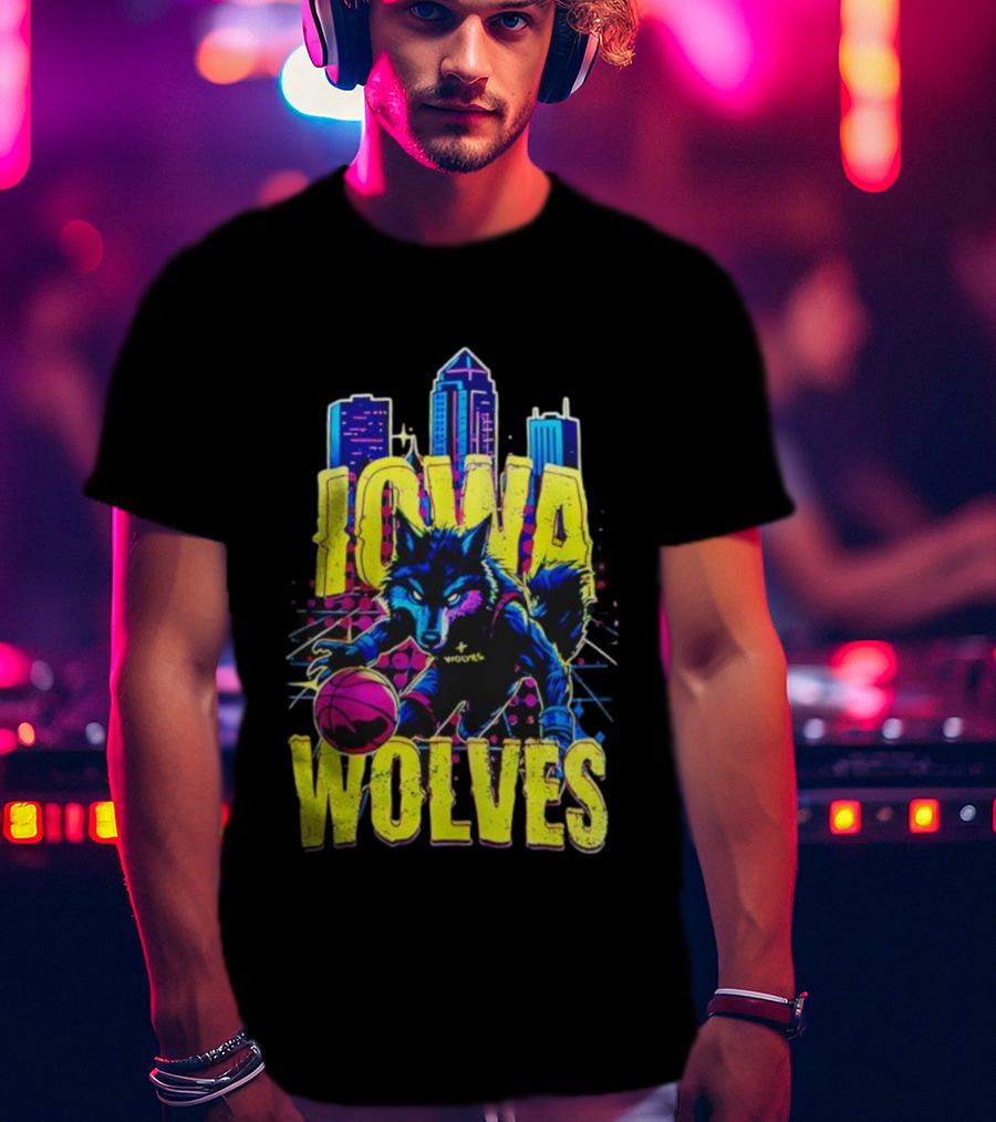 Iowa Wolves Neon Basketball Wolf Skyline T-Shirt