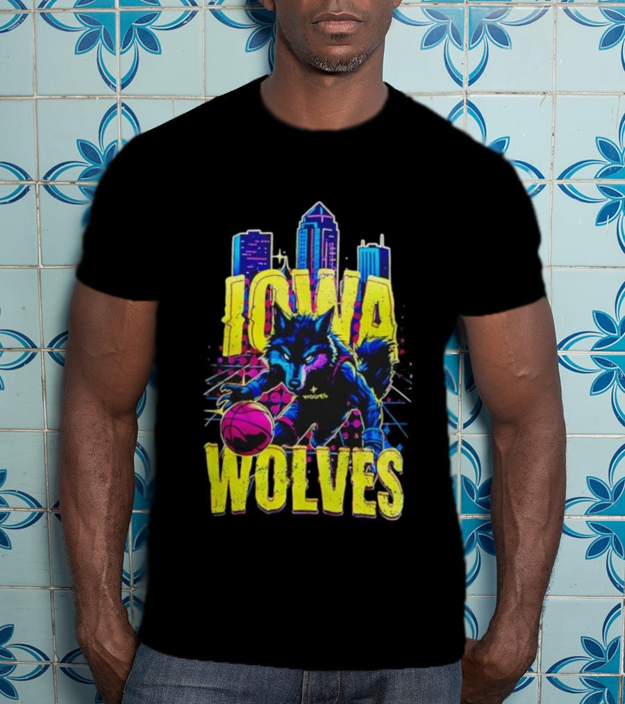 Iowa Wolves Neon Basketball Wolf Skyline T-Shirt
