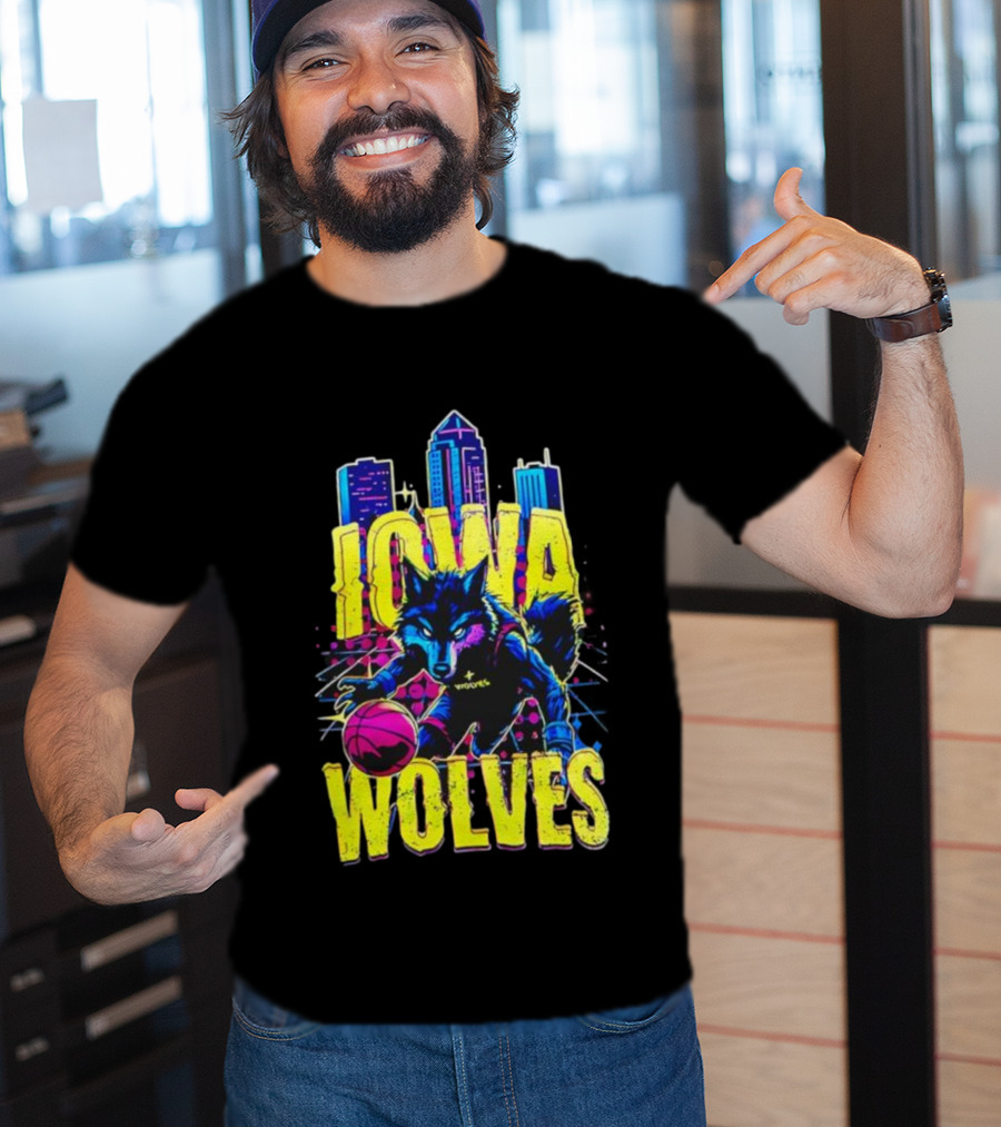 Iowa Wolves Neon Basketball Wolf Skyline T-Shirt