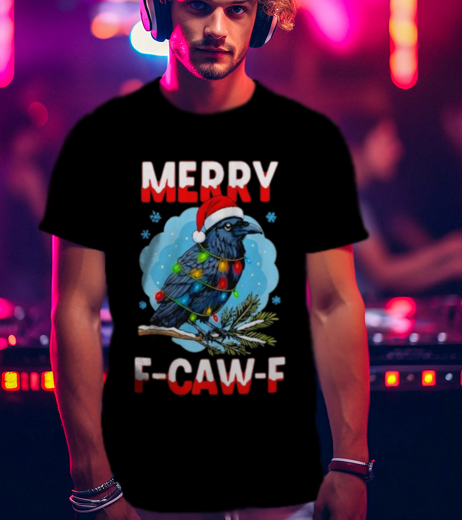 Merry Christmas F-Caw-F Santa Hat Crow With Lights T-Shirt