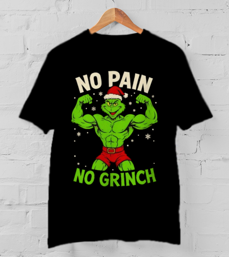 No Pain No Grinch Christmas Gym Santa Hat Muscle Fitness T-Shirt