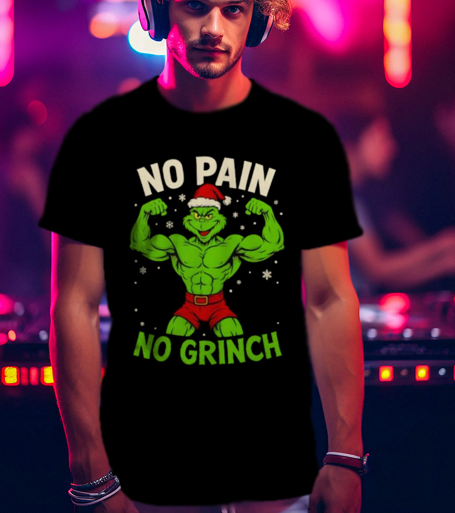 No Pain No Grinch Christmas Gym Santa Hat Muscle Fitness T-Shirt