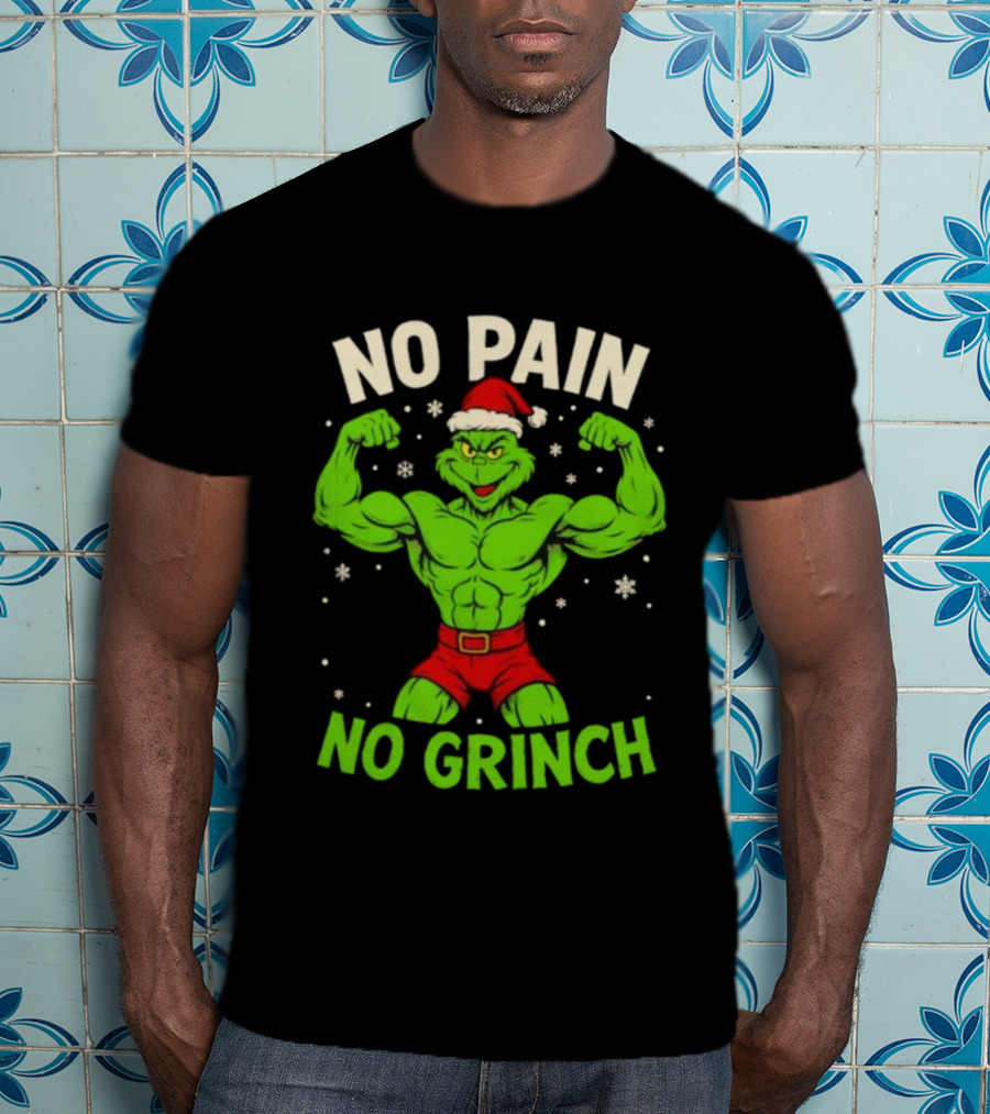 No Pain No Grinch Christmas Gym Santa Hat Muscle Fitness T-Shirt