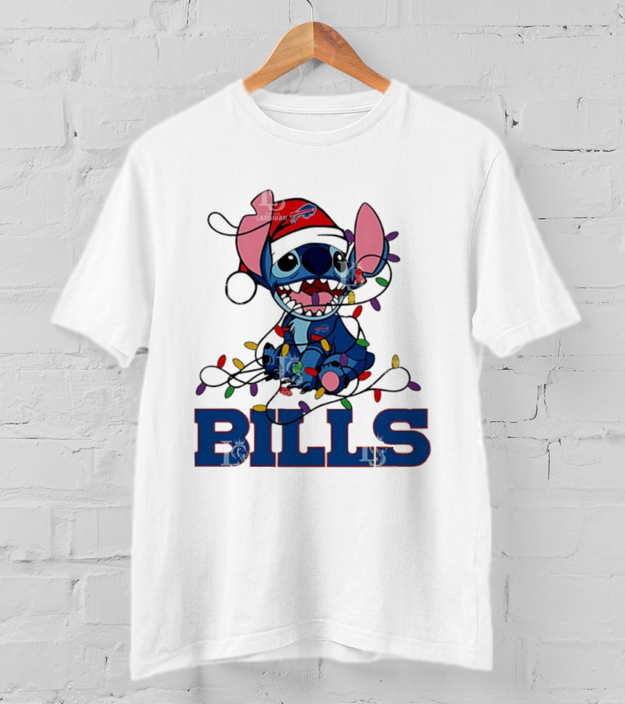 Buffalo Bills Christmas Lights With Stitch In Santa Hat T-Shirt