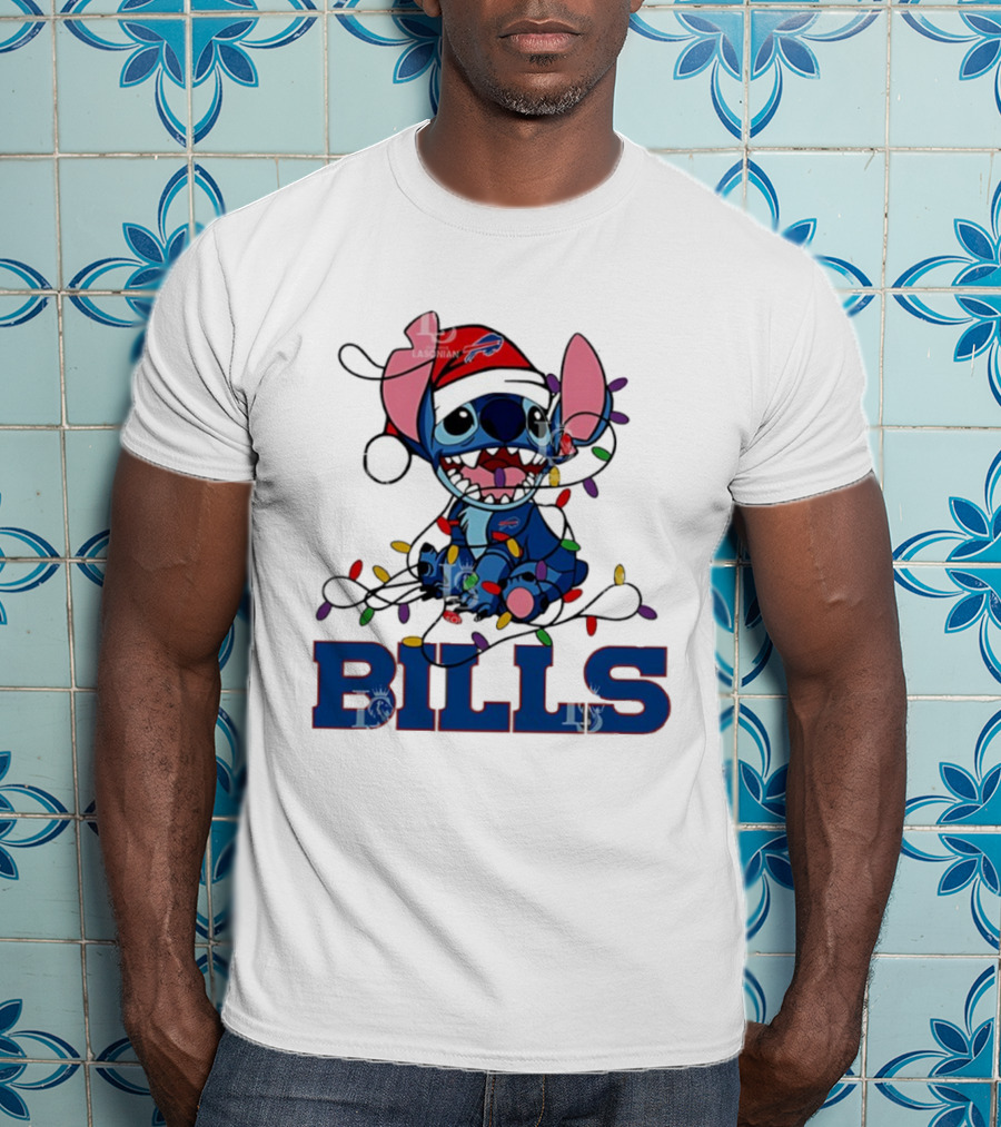 Buffalo Bills Christmas Lights With Stitch In Santa Hat T-Shirt