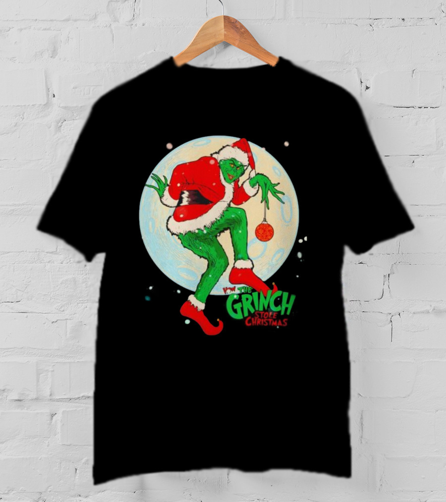 How The Grinch Stole Christmas Moon Scene With Ornament And Santa Suit T-Shirt
