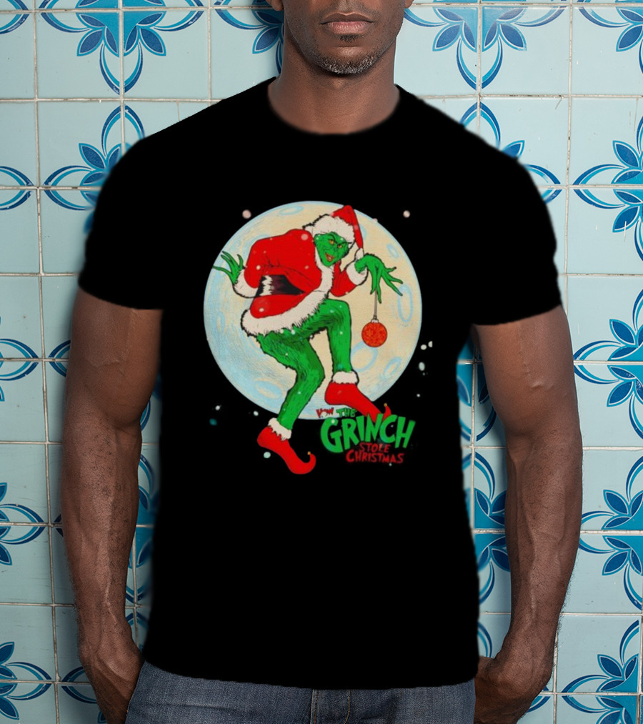 How The Grinch Stole Christmas Moon Scene With Ornament And Santa Suit T-Shirt