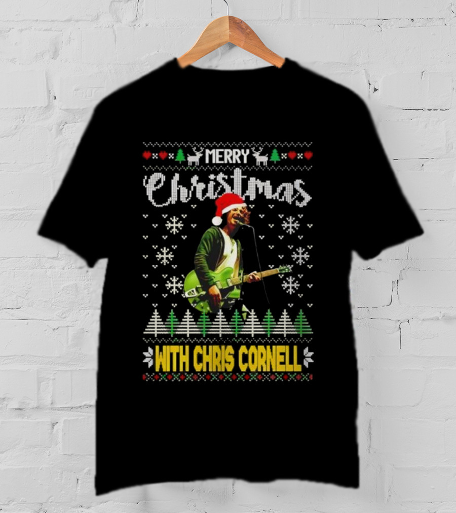Merry Christmas With Chris Cornell Musician Santa Hat Guitar Snowflakes Trees T-Shirt