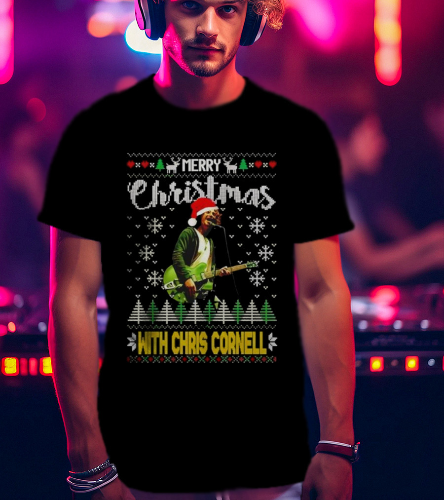 Merry Christmas With Chris Cornell Musician Santa Hat Guitar Snowflakes Trees T-Shirt
