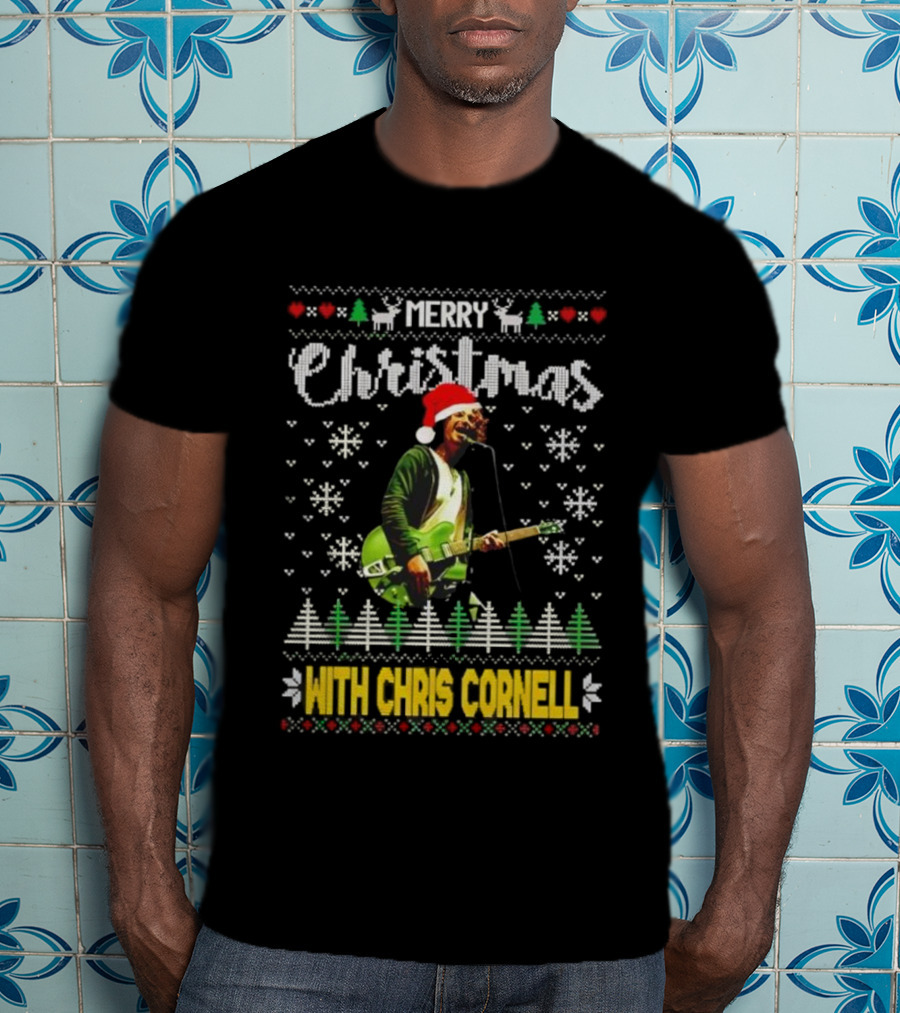 Merry Christmas With Chris Cornell Musician Santa Hat Guitar Snowflakes Trees T-Shirt