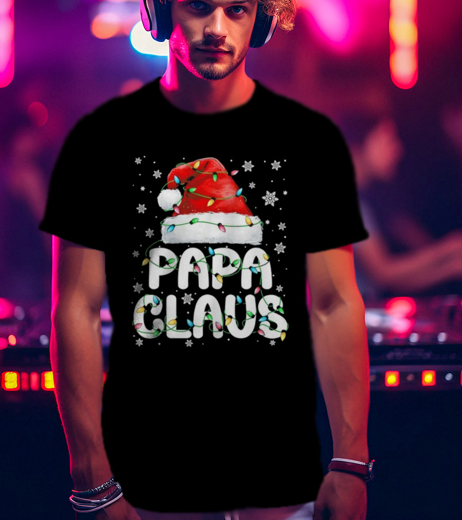 Papa Claus Santa Hat With Christmas Lights Holiday Stars T-Shirt
