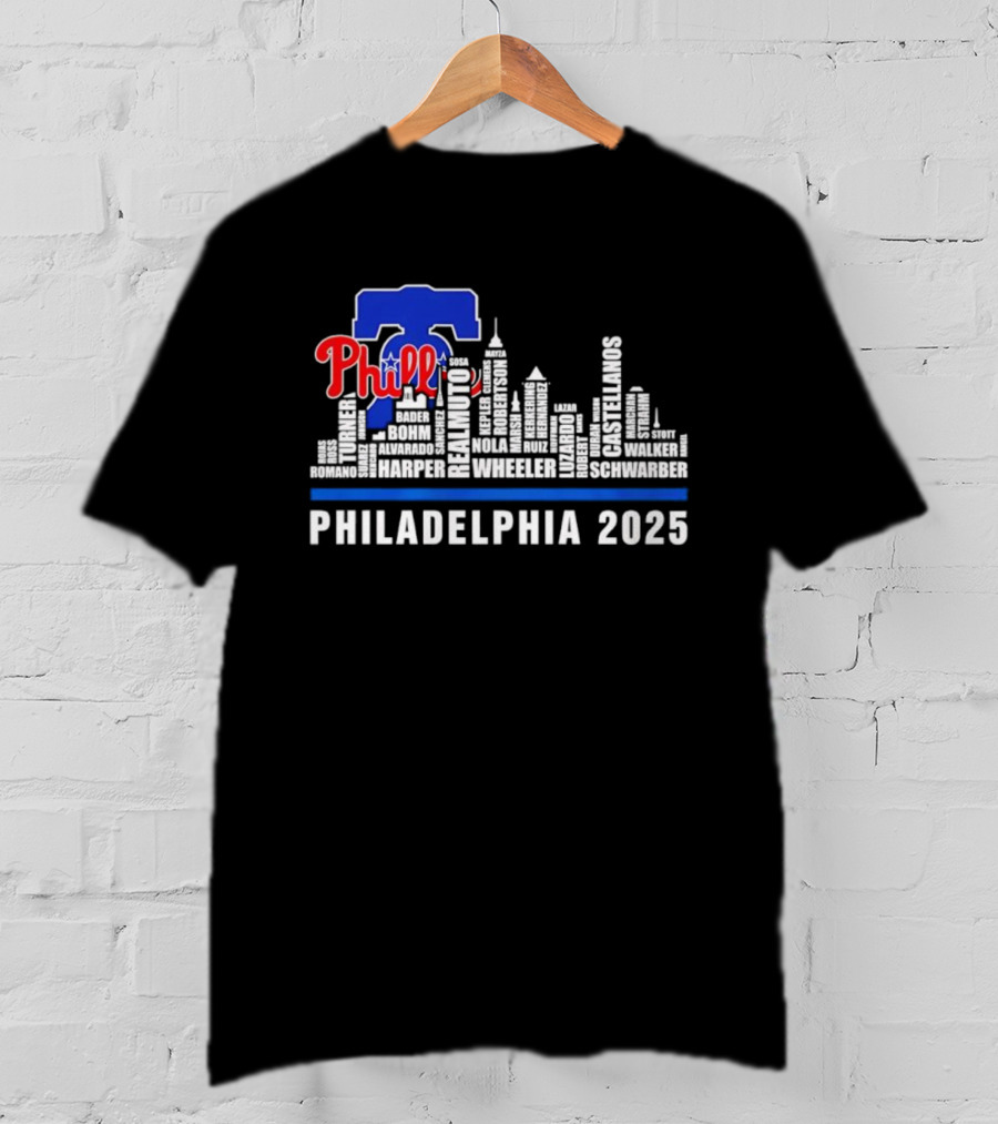 Philadelphia Phillies Skyline Bell Wheeler Nola Harper Realmuto Turner 2025 T-Shirt