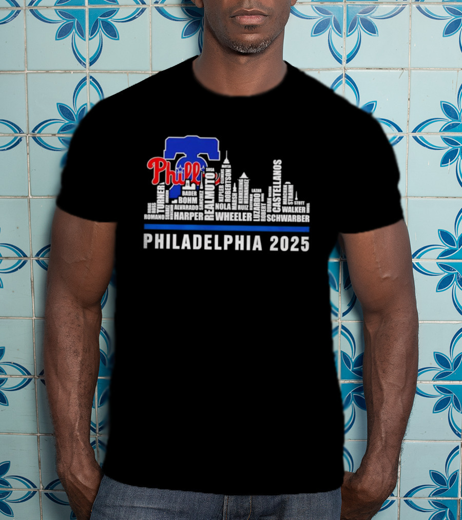 Philadelphia Phillies Skyline Bell Wheeler Nola Harper Realmuto Turner 2025 T-Shirt