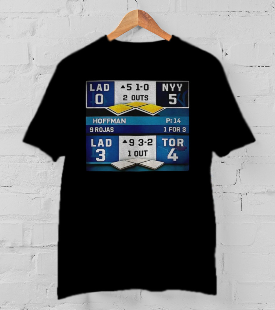 NY Yankees Defeat LA Dodgers 5-0 Toronto Blue Jays 4-3 Back To Back Championship 2025 Scoreboard Hoffman Rojas T-Shirt