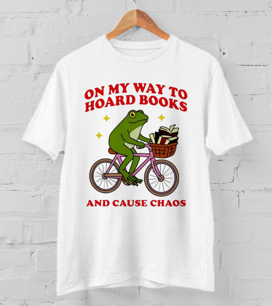 Frog On Bicycle Journey To Hoard Books And Cause Chaos T-Shirt