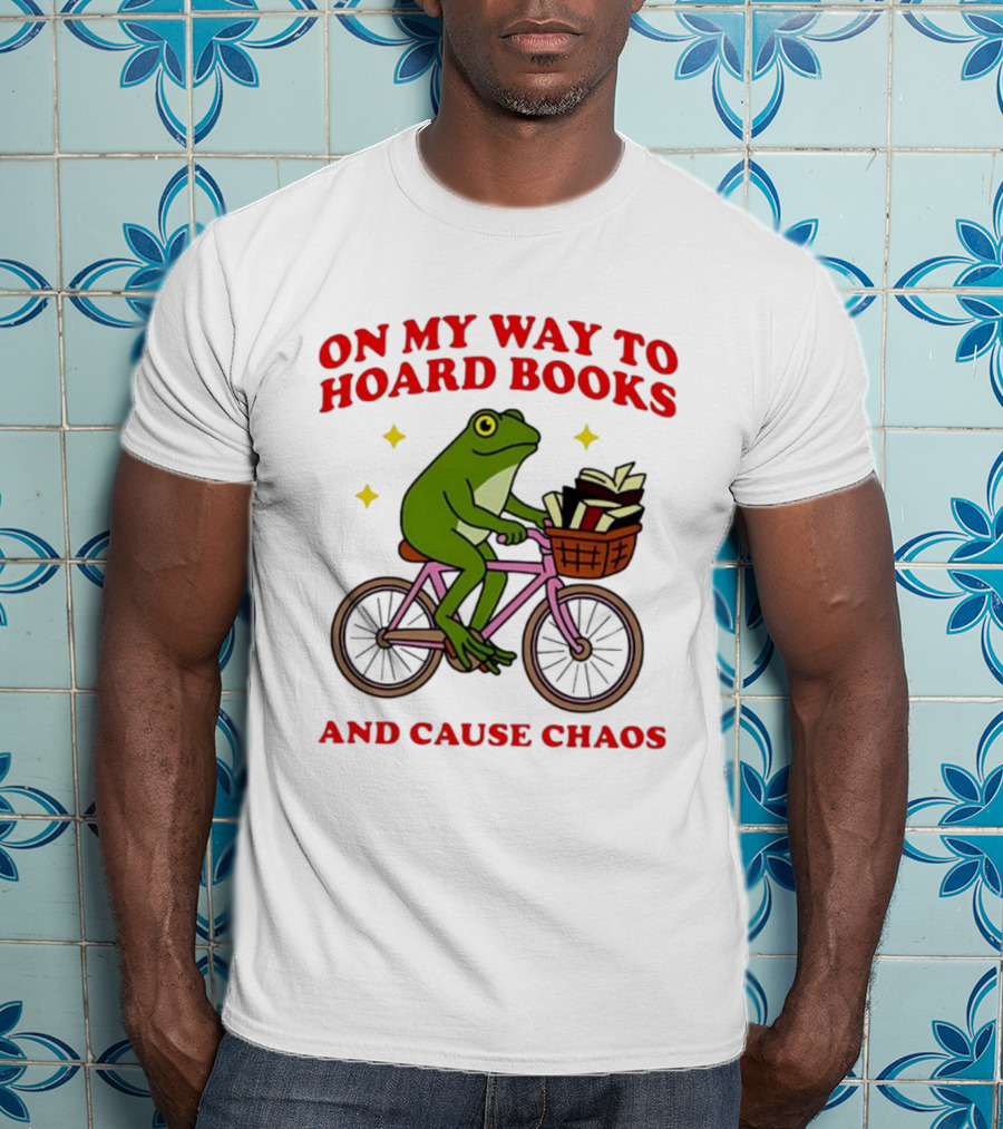 Frog On Bicycle Journey To Hoard Books And Cause Chaos T-Shirt