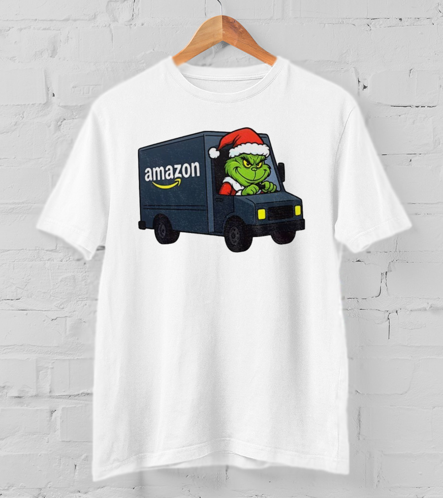 Grinch Santa Claus Driving Amazon Truck Merry Christmas Humor T-Shirt