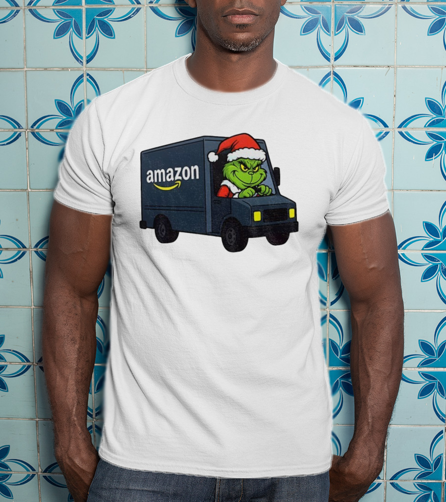 Grinch Santa Claus Driving Amazon Truck Merry Christmas Humor T-Shirt