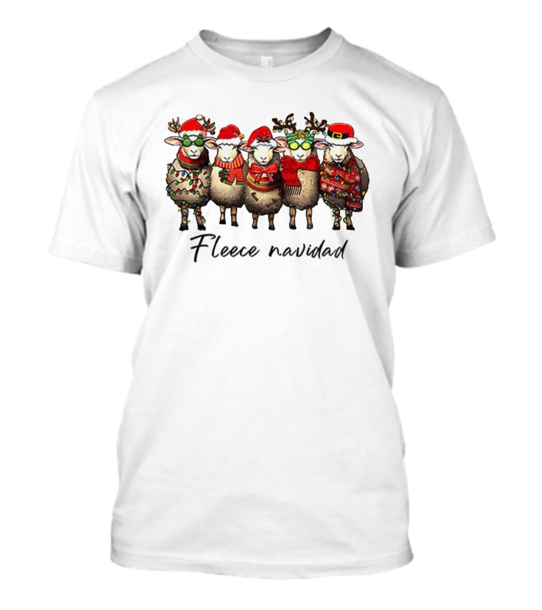 Fleece Navidad Merry Christmas Sheep Santa Hat Holiday Sweater Lights T-Shirt