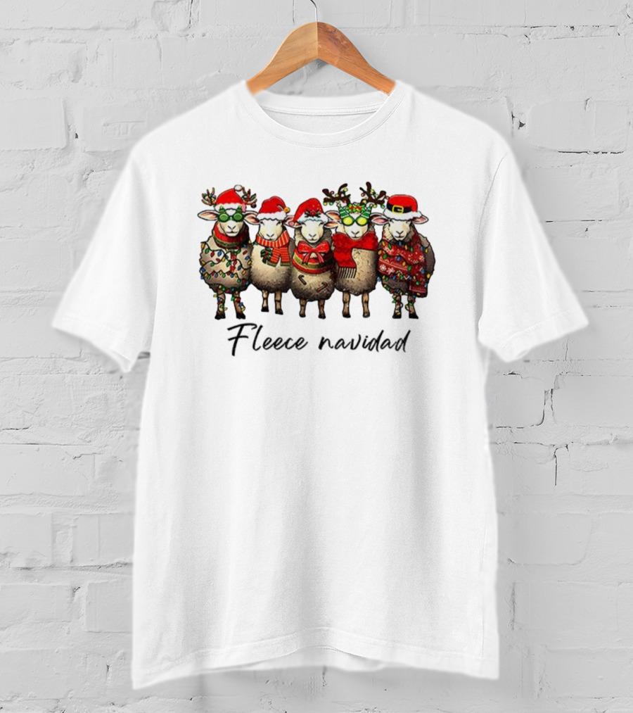Fleece Navidad Merry Christmas Sheep Santa Hat Holiday Sweater Lights T-Shirt