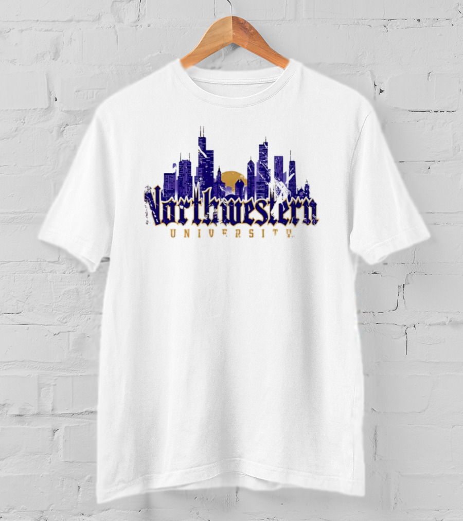 Northwestern University Chicago Skyline Gothic Style T-Shirt