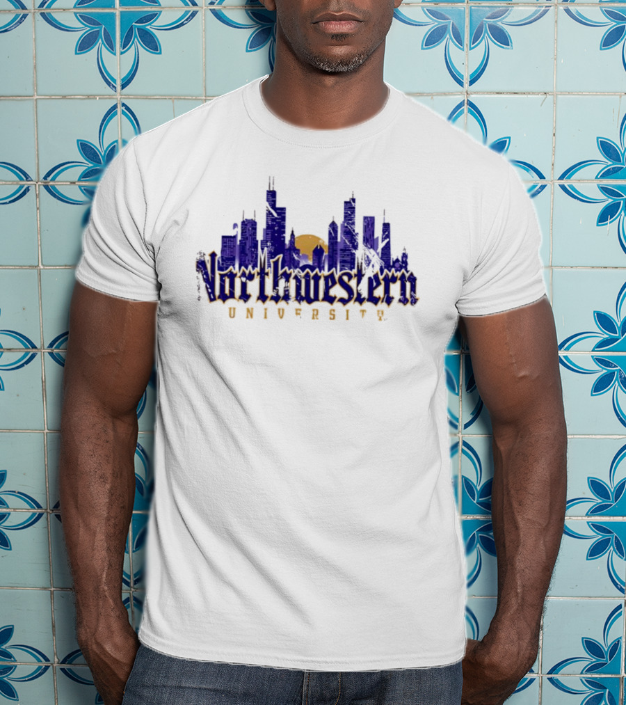 Northwestern University Chicago Skyline Gothic Style T-Shirt