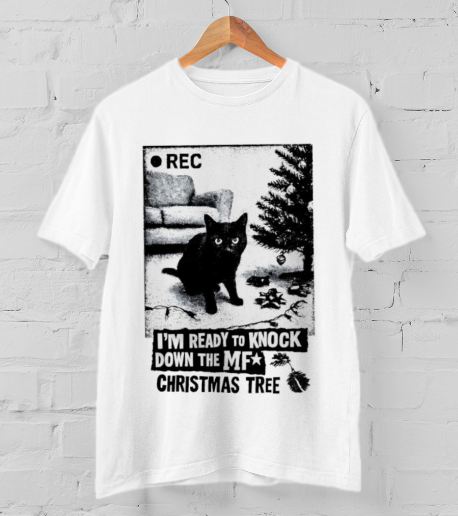 REC Black Cat Ready To Knock Down The MF Christmas Tree T-Shirt