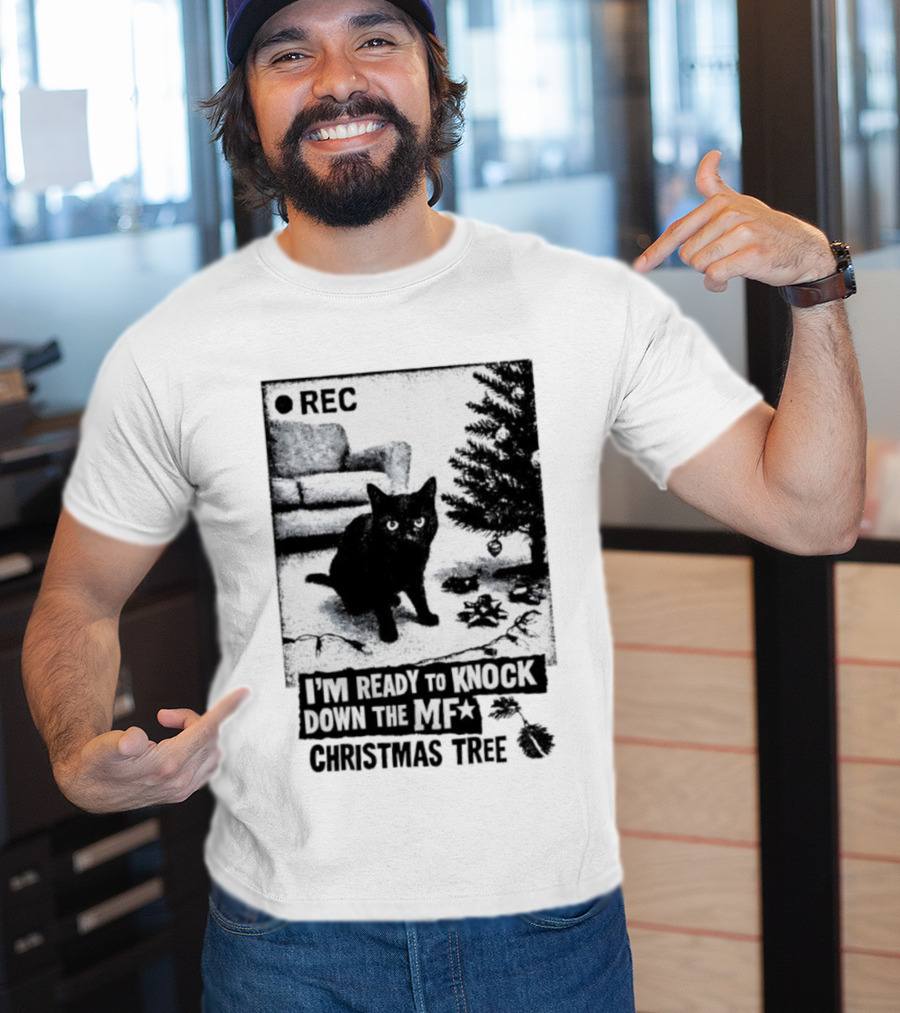 REC Black Cat Ready To Knock Down The MF Christmas Tree T-Shirt