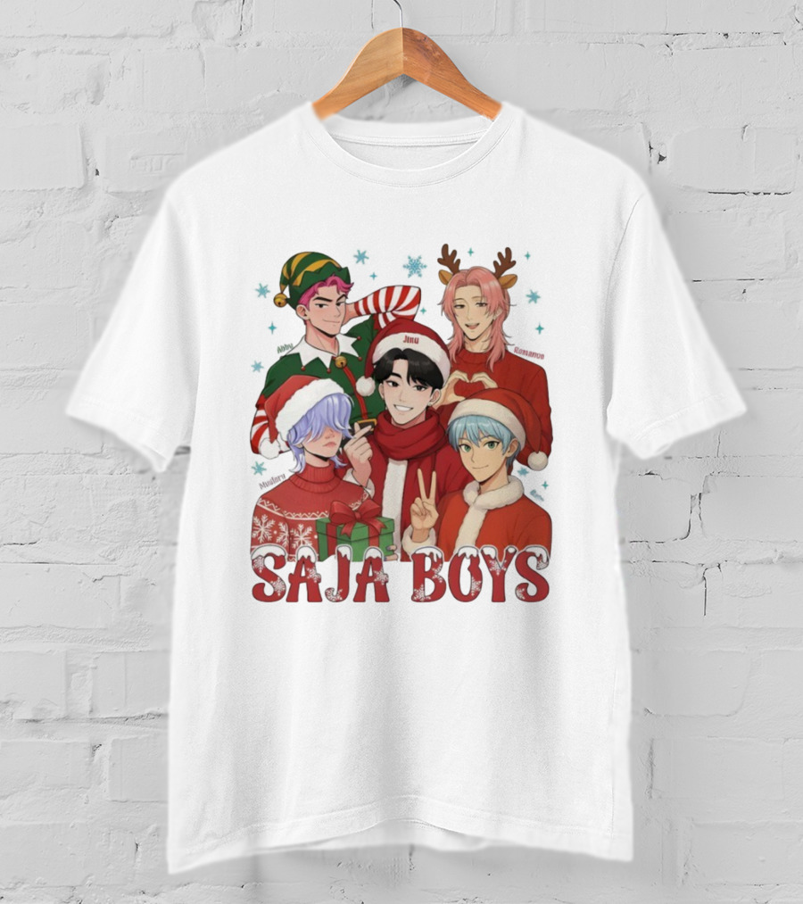 Saja Boys Kpop Christmas 2025 Festive Characters In Santa Hats And Elf Outfits T-Shirt