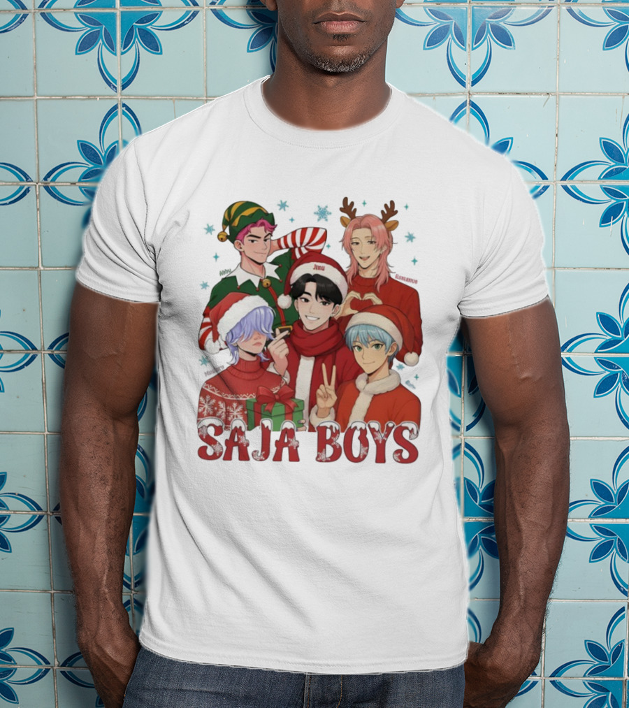 Saja Boys Kpop Christmas 2025 Festive Characters In Santa Hats And Elf Outfits T-Shirt