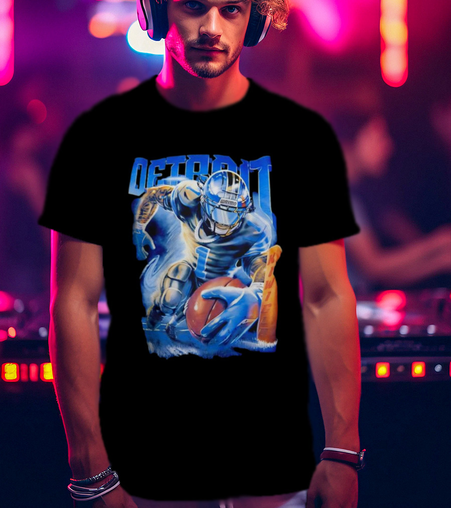 Detroit Football Player Blue Burst Action Art T-Shirt