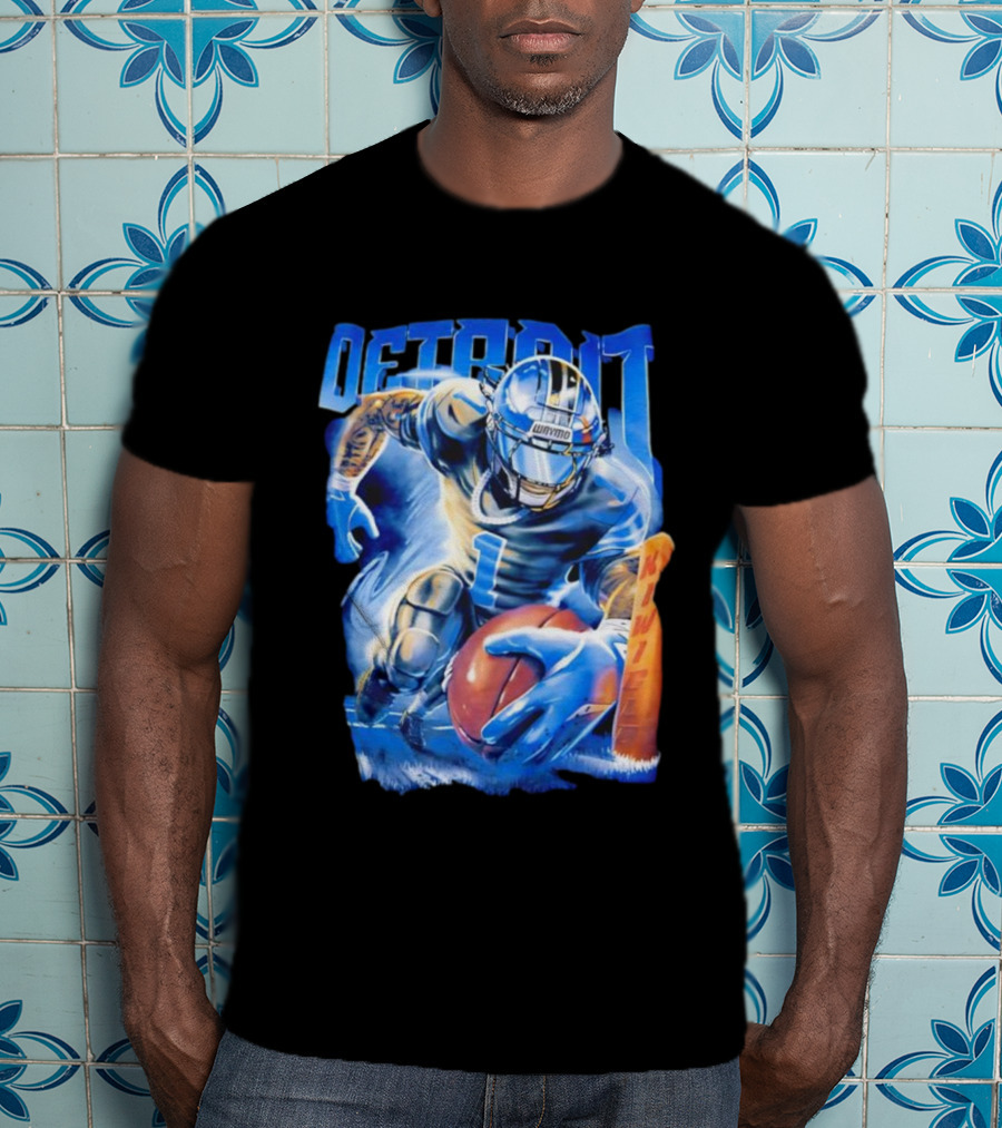 Detroit Football Player Blue Burst Action Art T-Shirt
