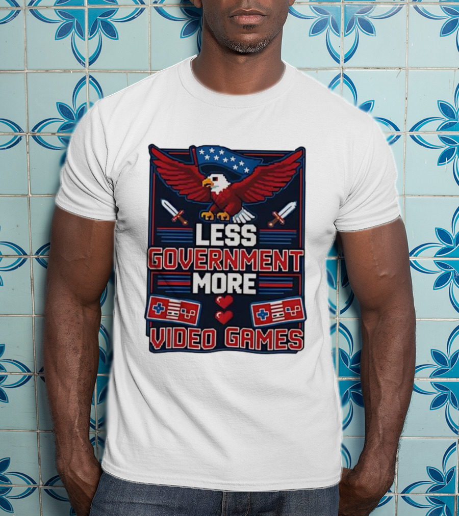 Less Government More Video Games Eagle Patriot Swords Retro Controllers T-Shirt