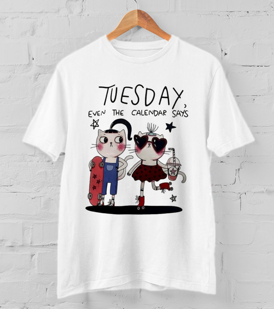 Tuesday Even The Calendar Says Cute Cat Cartoon Skaters And Stars T-Shirt