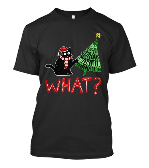 Black Cat What Christmas Tree Santa Hat Scarf T-Shirt