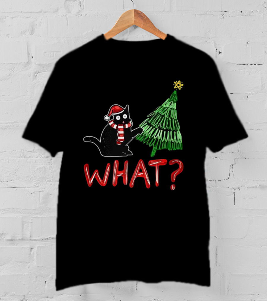 Black Cat What Christmas Tree Santa Hat Scarf T-Shirt