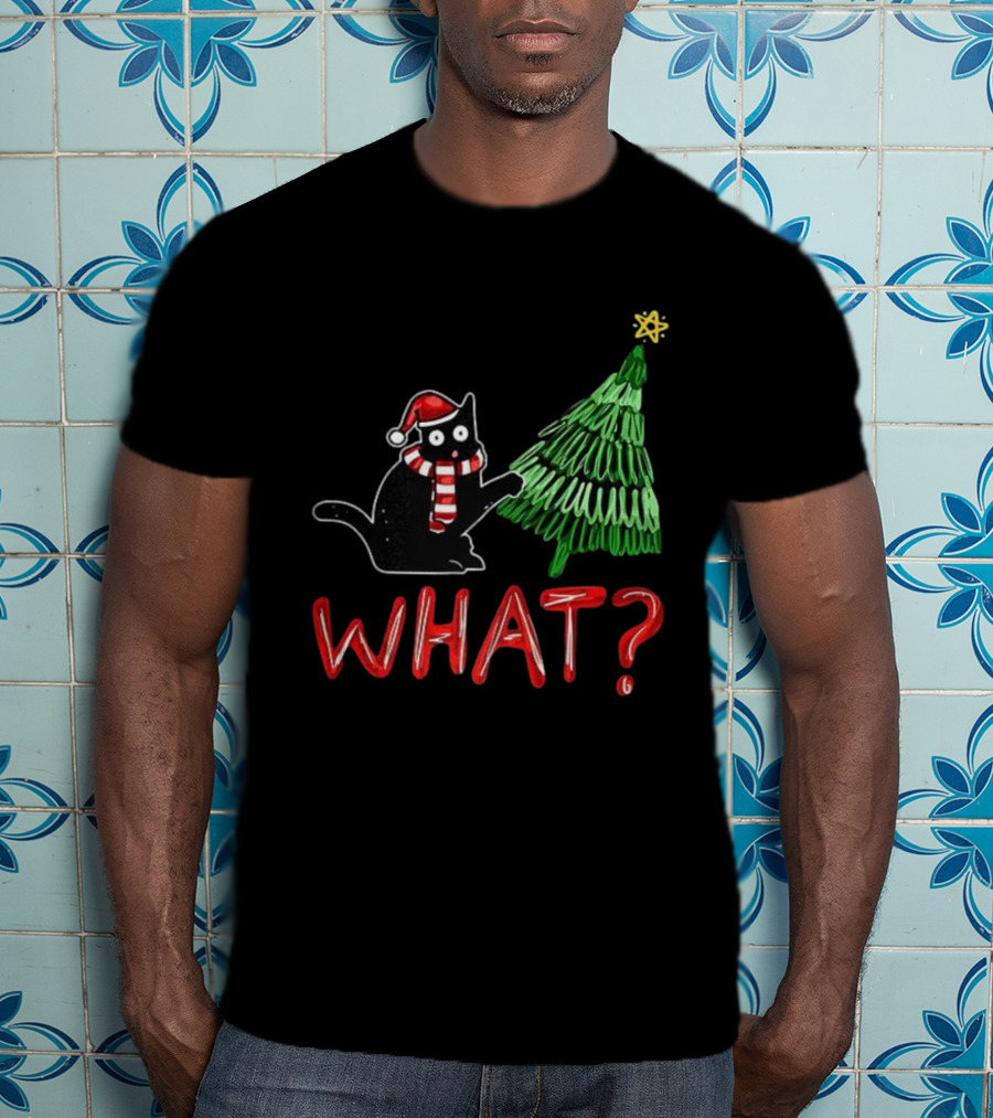 Black Cat What Christmas Tree Santa Hat Scarf T-Shirt