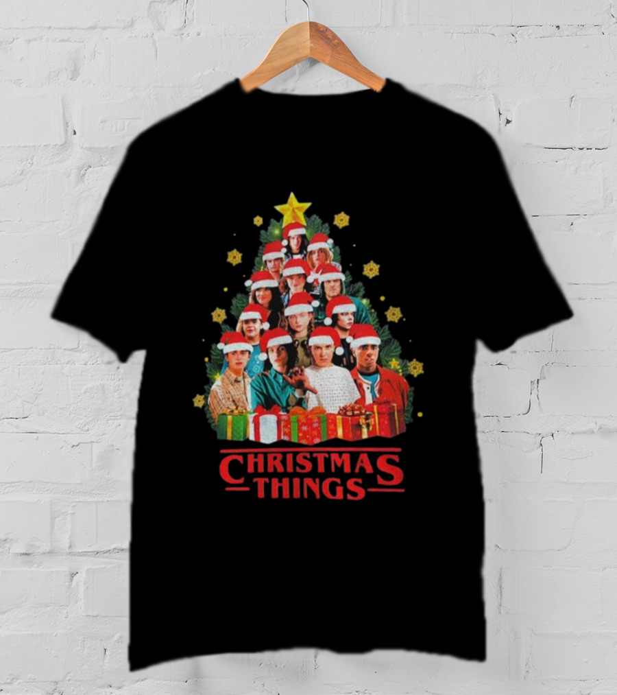 Stranger Things Christmas Tree Holiday Cast Santa Hats Gifts T-Shirt
