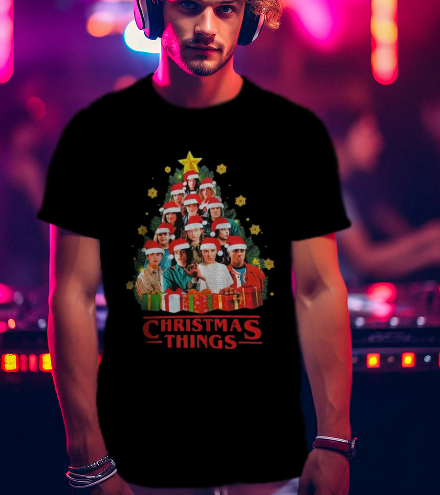 Stranger Things Christmas Tree Holiday Cast Santa Hats Gifts T-Shirt