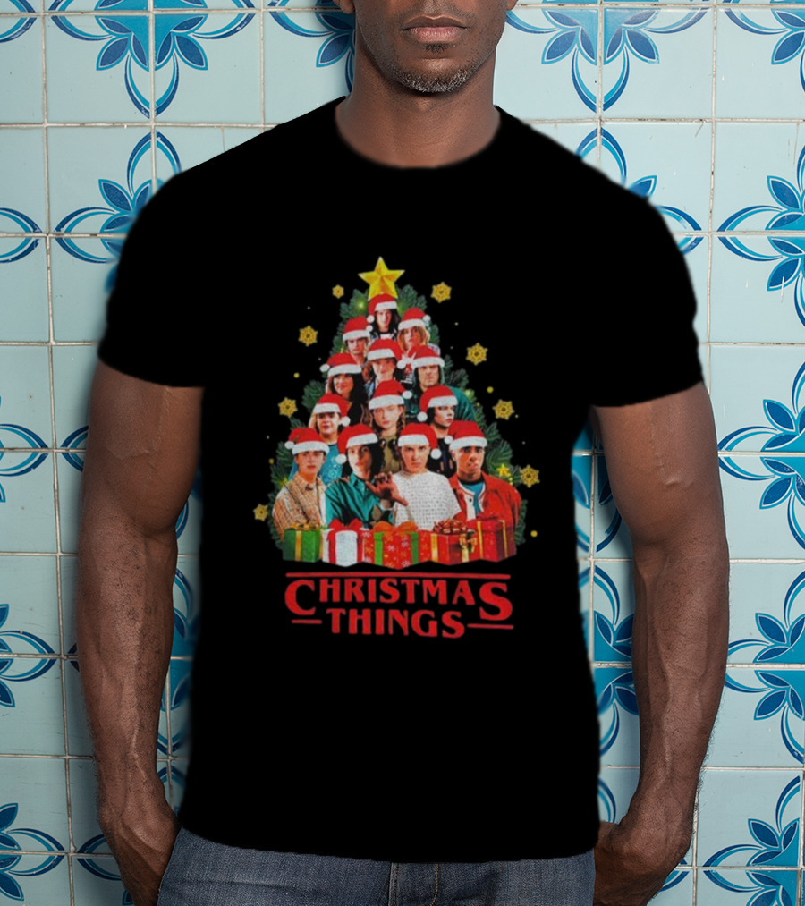 Stranger Things Christmas Tree Holiday Cast Santa Hats Gifts T-Shirt