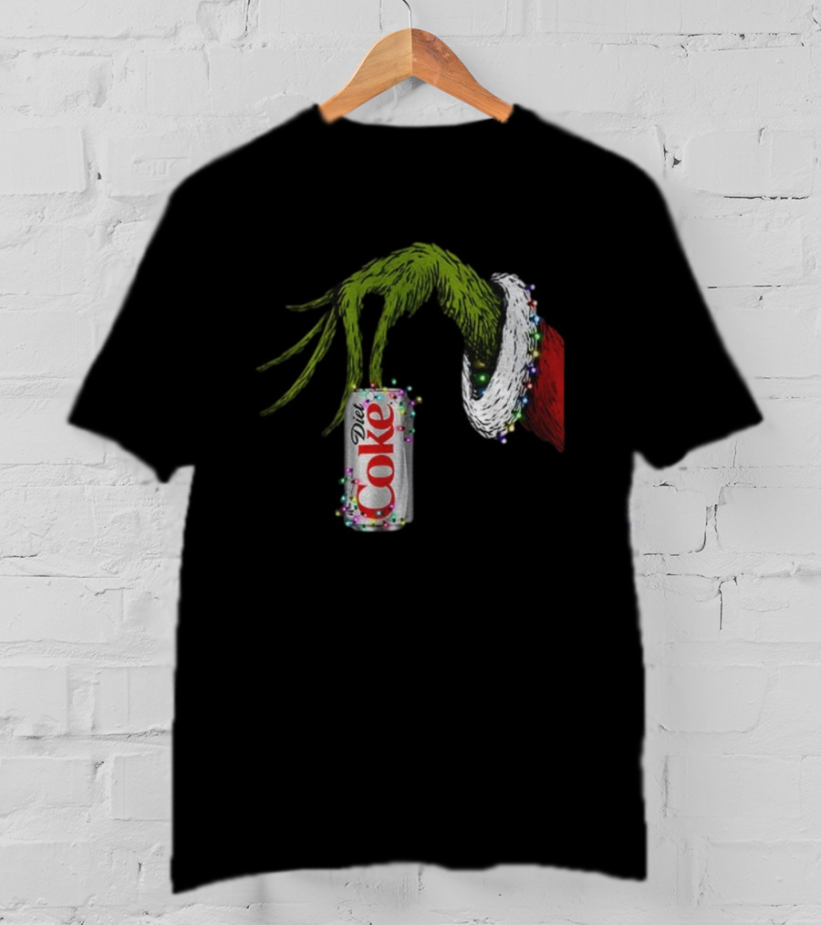 Grinch Hand Holding Diet Coke Can Wrapped In Christmas Lights Merry Christmas T-Shirt