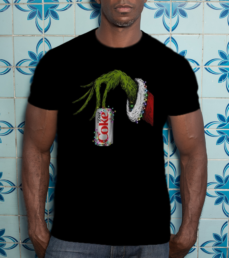 Grinch Hand Holding Diet Coke Can Wrapped In Christmas Lights Merry Christmas T-Shirt