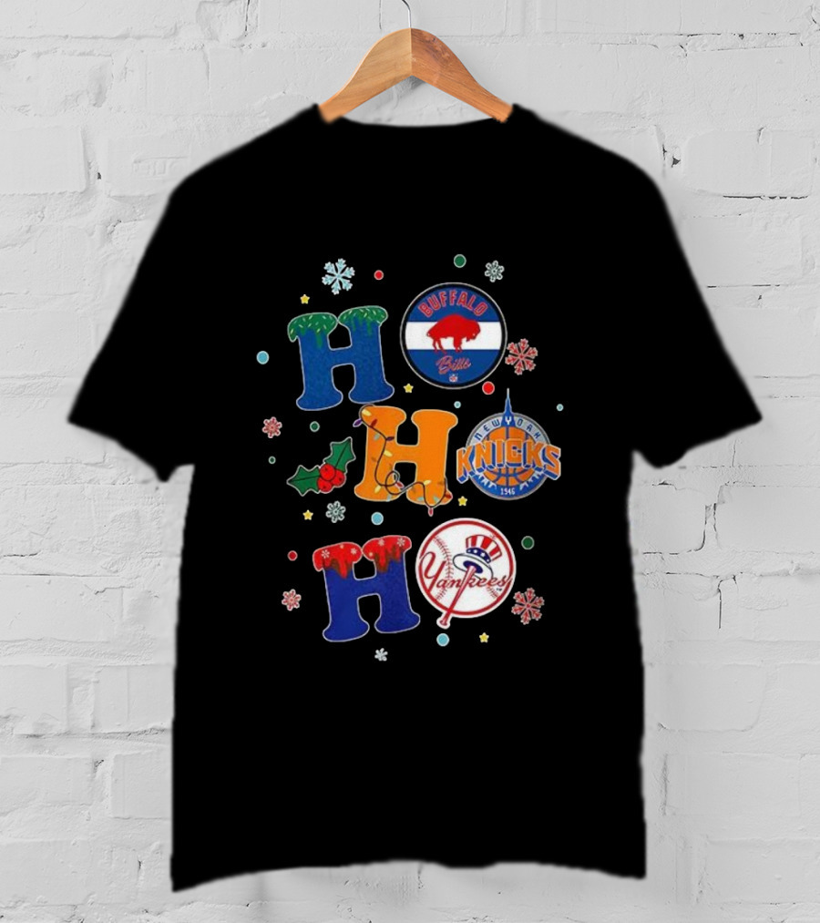 Buffalo Bills New York Knicks Yankees Christmas Ho Ho Ho Snowflakes T-Shirt