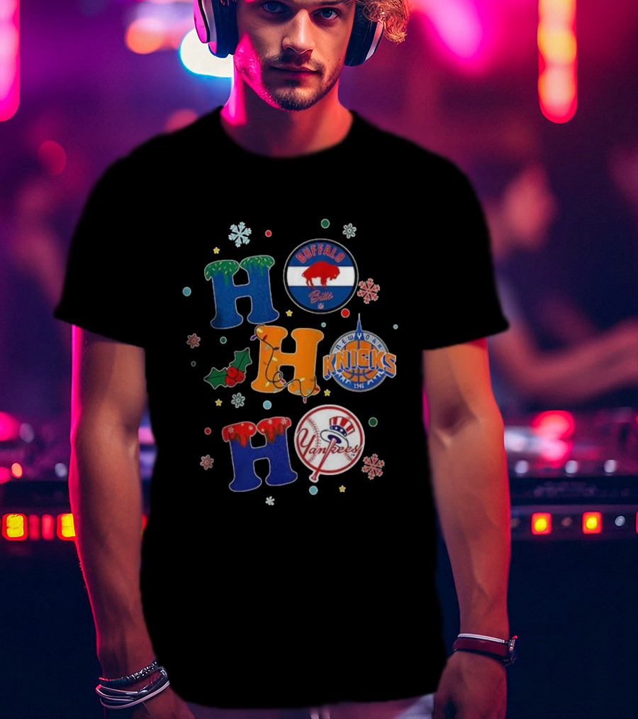 Buffalo Bills New York Knicks Yankees Christmas Ho Ho Ho Snowflakes T-Shirt